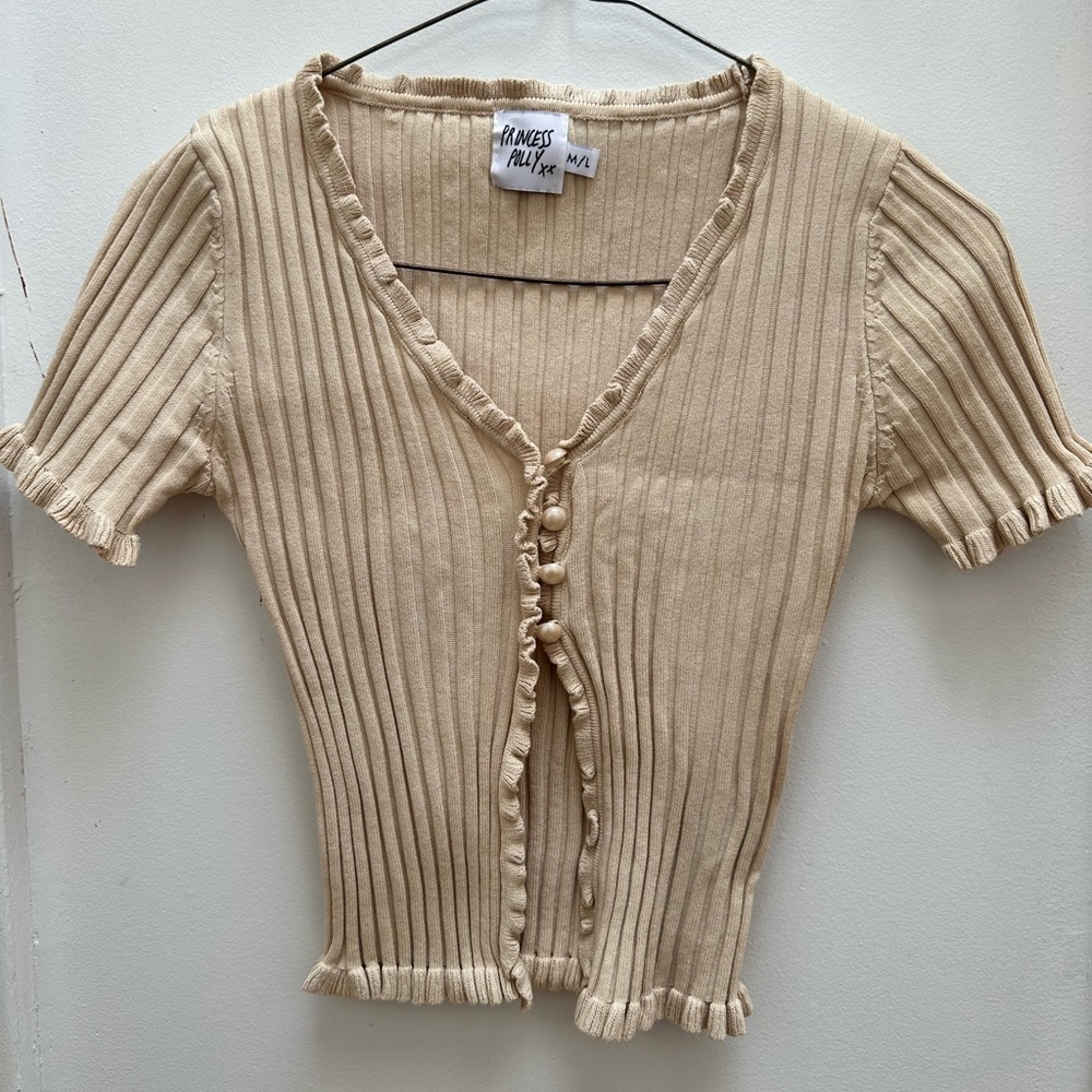 Princess Polly Beige Ribbed Button-Up Cardigan